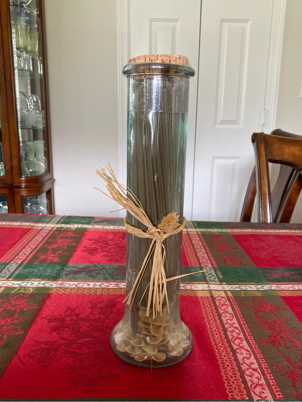 Vintage Pier 1 Green Glass Spaghetti Pasta Storage Jar Natural Raffia Accent New